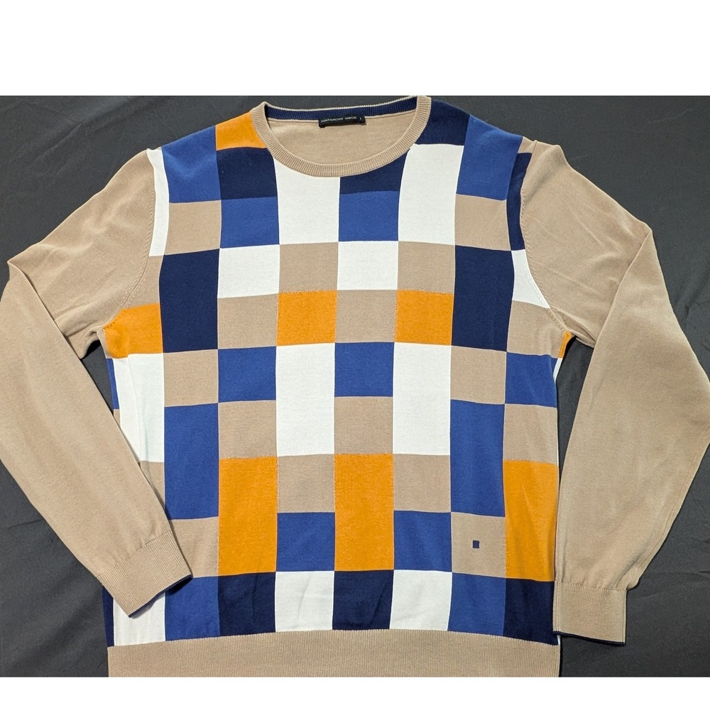 Purificacion Garcia Mens Colorblock Checkerboard Crewneck Sweater Tan Blue Large